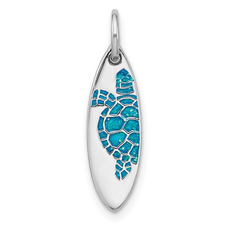 Sterling Silver Rhodium Plated Polished Blue Enamel Turtle Surfboard Pendant