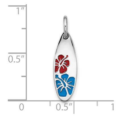 Sterling Silver Rhodium Plated Polished Enamel Flower Surfboard Pendant