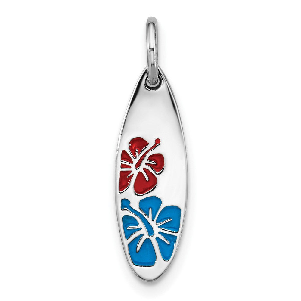Sterling Silver Rhodium Plated Polished Enamel Flower Surfboard Pendant