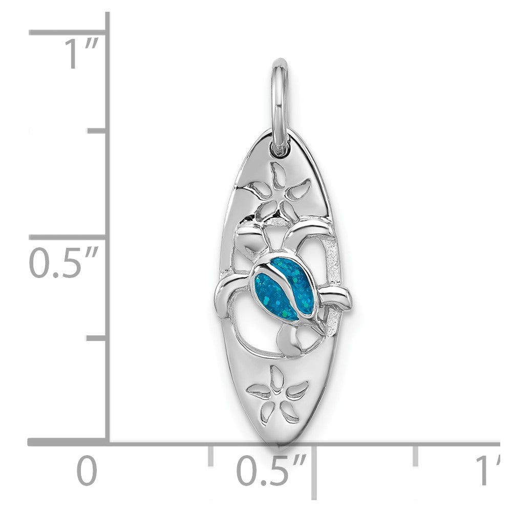 Sterling Silver Rhodium Plated Polished Blue Enamel Turtle Surfboard Pendant