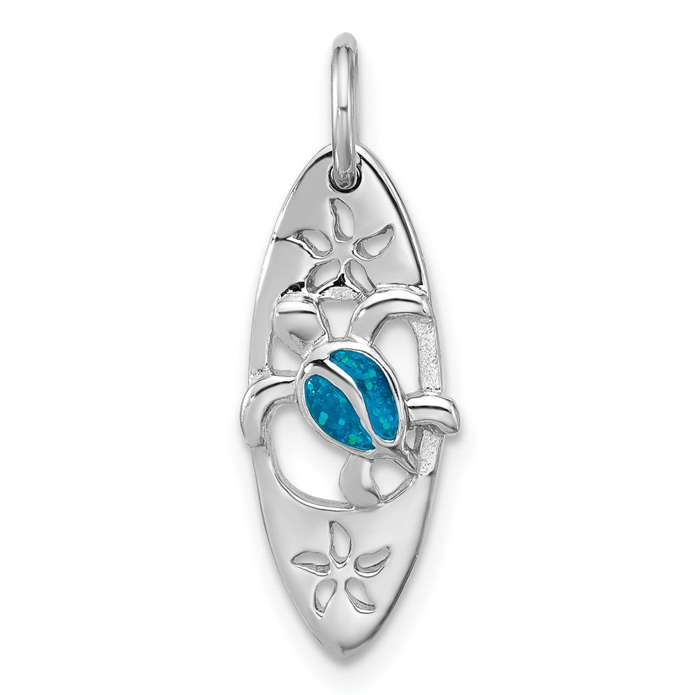 Sterling Silver Rhodium Plated Polished Blue Enamel Turtle Surfboard Pendant