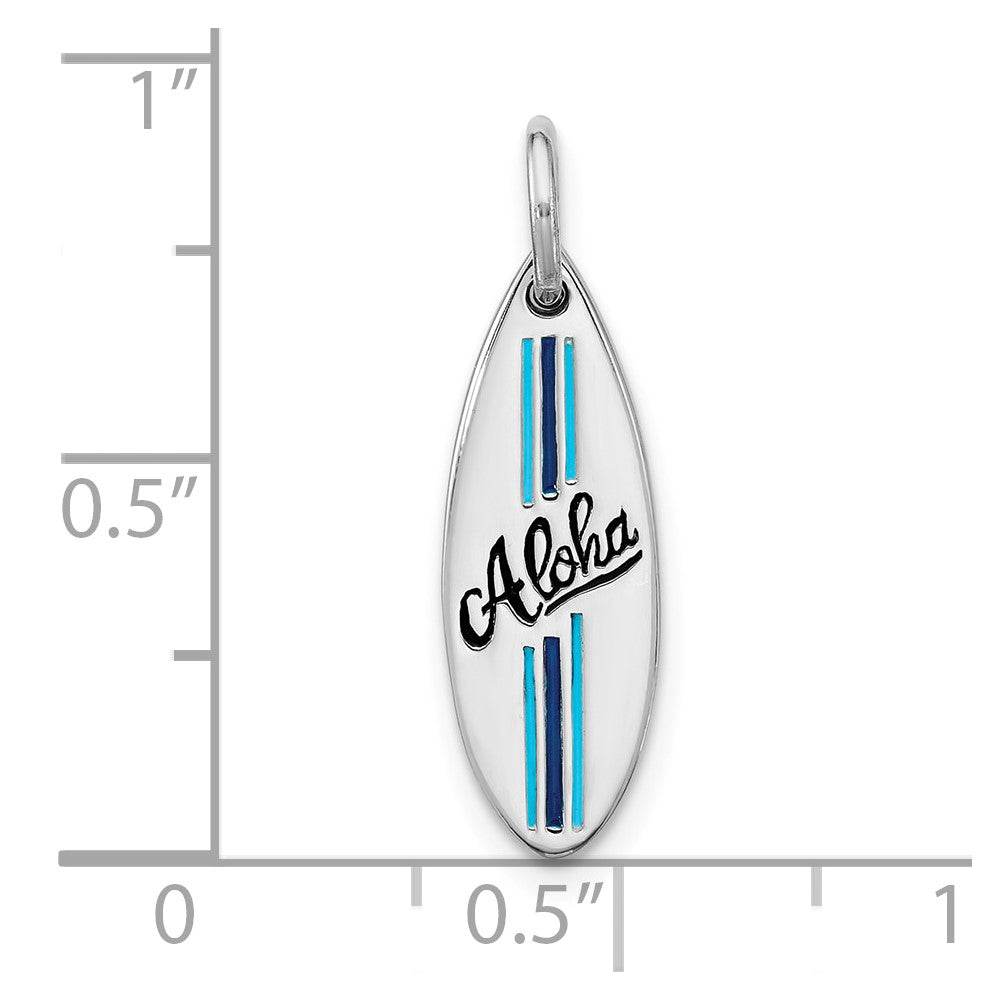 Sterling Silver Rhodium Plated Polished Enamel Aloha Surfboard Pendant