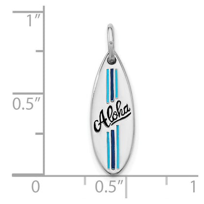 Sterling Silver Rhodium Plated Polished Enamel Aloha Surfboard Pendant