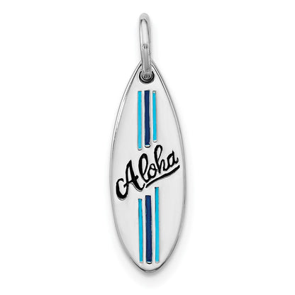 Sterling Silver Rhodium Plated Polished Enamel Aloha Surfboard Pendant