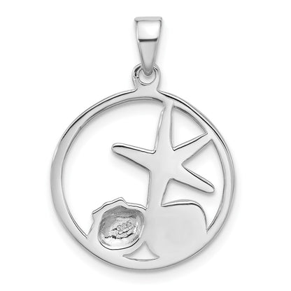 Sterling Silver Rhodium Plated Polished Paua Shell Starfish & Shell Pendant