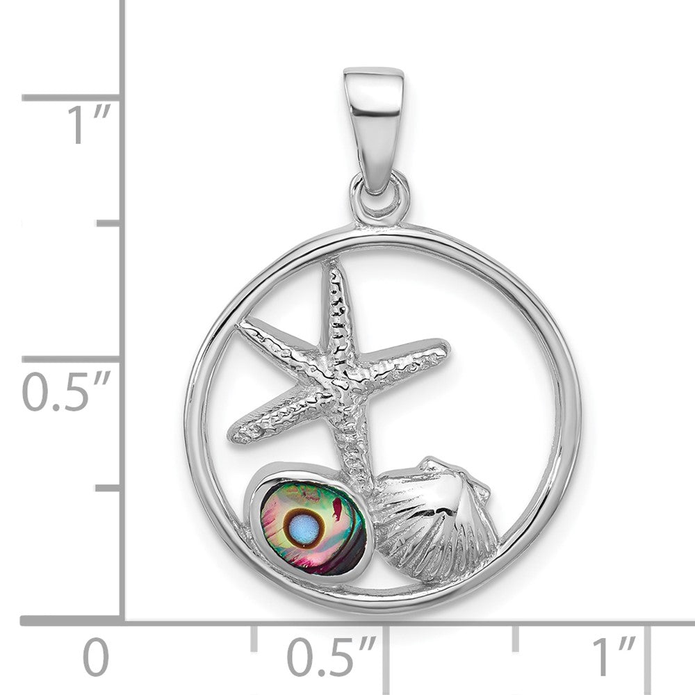 Sterling Silver Rhodium Plated Polished Paua Shell Starfish & Shell Pendant