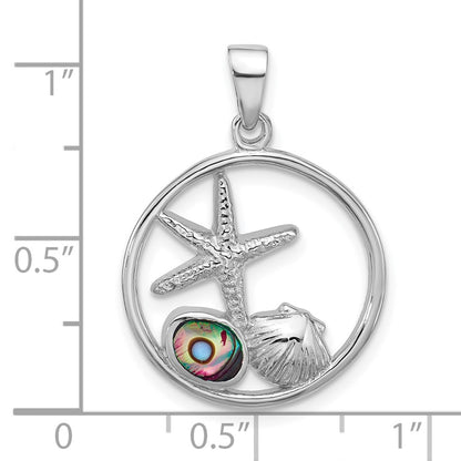 Sterling Silver Rhodium Plated Polished Paua Shell Starfish & Shell Pendant