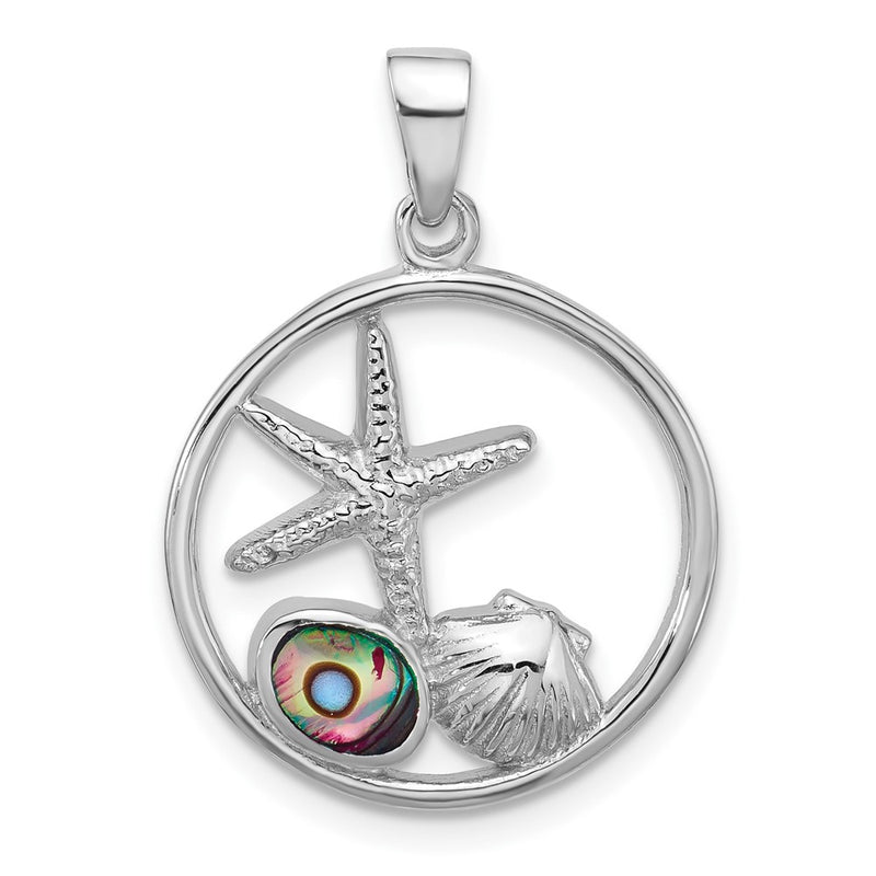 Sterling Silver Rhodium Plated Polished Paua Shell Starfish & Shell Pendant