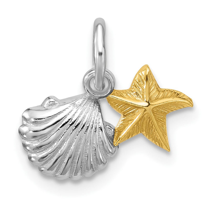 Sterling Silver Rhodium-Plated Gold-Tone Polished Starfish & Shell Pendant