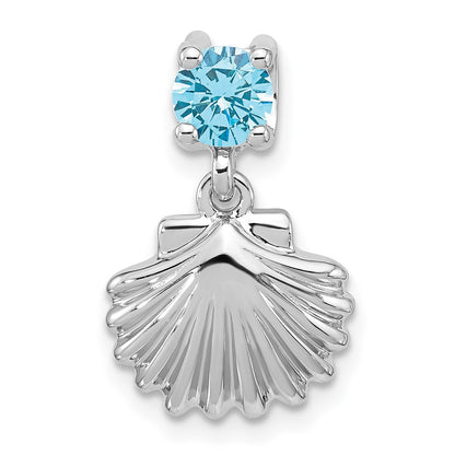 Sterling Silver Rhodium Plated Polished Blue CZ Shell Chain Slide Pendant