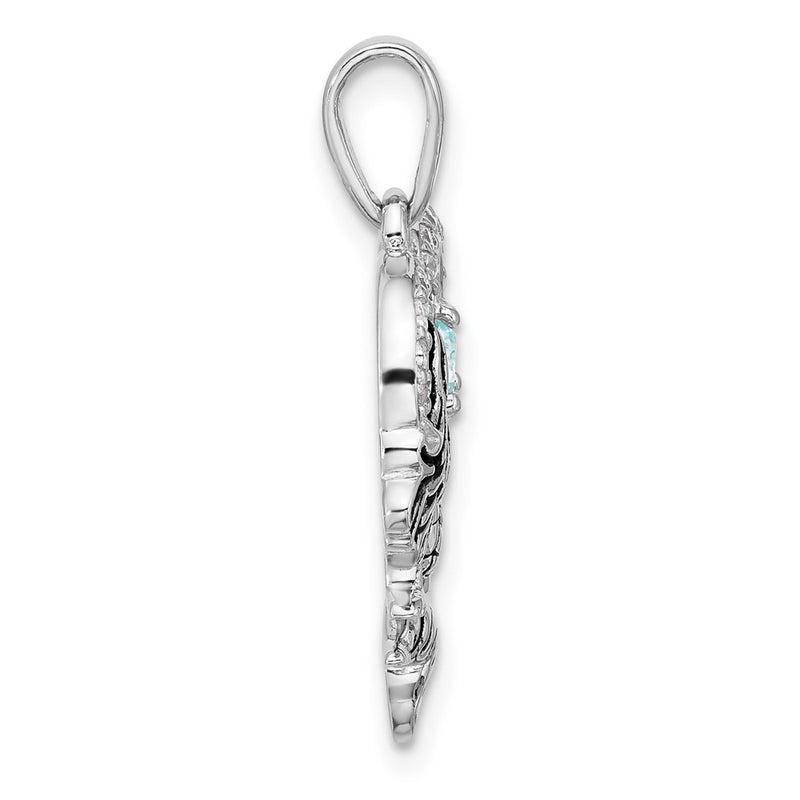 Sterling Silver Rhodium Plated Antiqued CZ Mermaid Heart Pendant