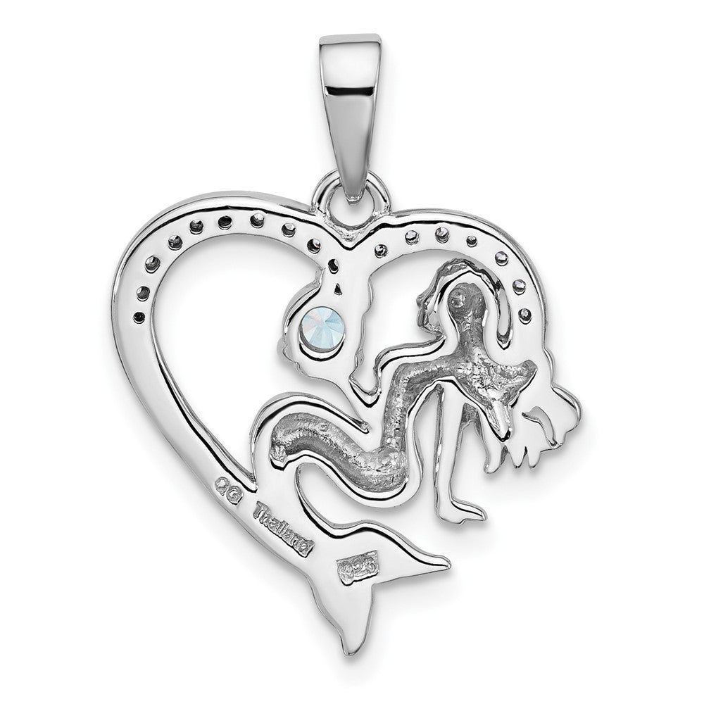 Sterling Silver Rhodium Plated Antiqued CZ Mermaid Heart Pendant