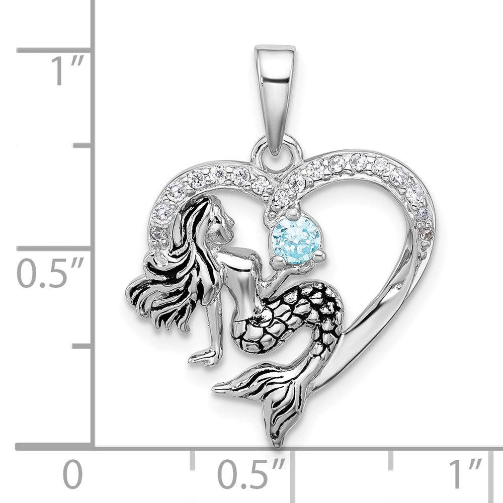 Sterling Silver Rhodium Plated Antiqued CZ Mermaid Heart Pendant