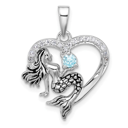 Sterling Silver Rhodium Plated Antiqued CZ Mermaid Heart Pendant
