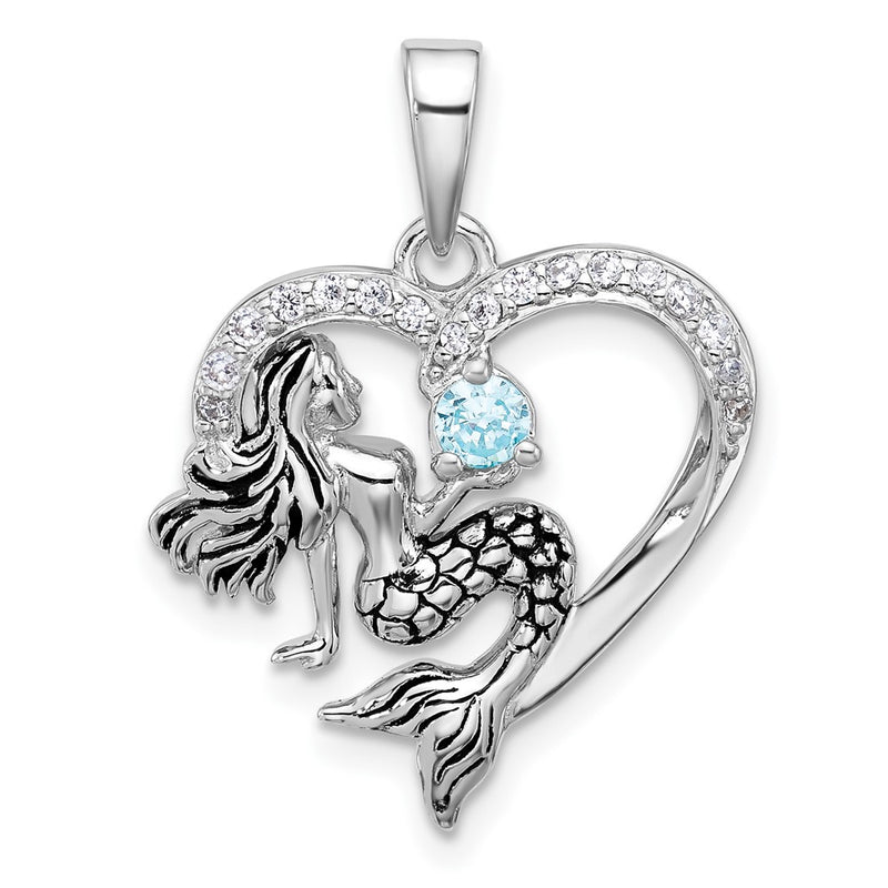 Sterling Silver Rhodium Plated Antiqued CZ Mermaid Heart Pendant