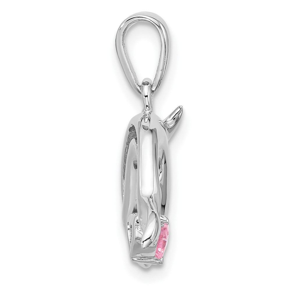 Sterling Silver Rhodium Plated Polished & Antiqued Pink CZ Dolphin Pendant