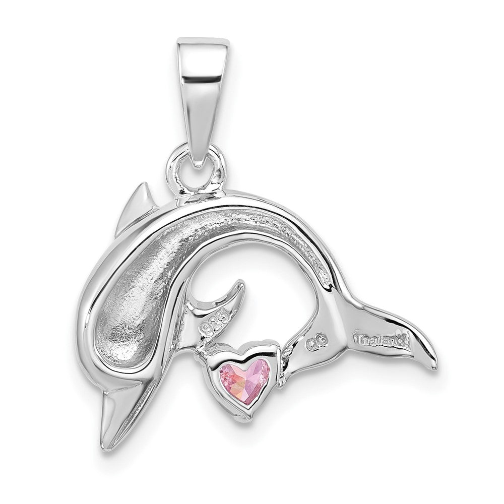Sterling Silver Rhodium Plated Polished & Antiqued Pink CZ Dolphin Pendant