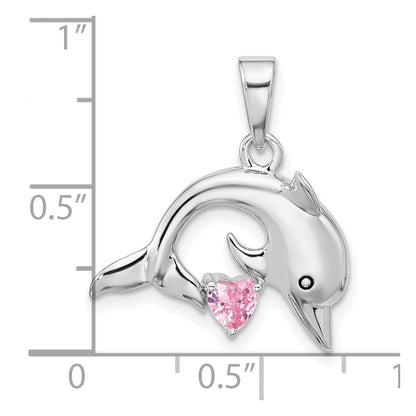 Sterling Silver Rhodium Plated Polished & Antiqued Pink CZ Dolphin Pendant