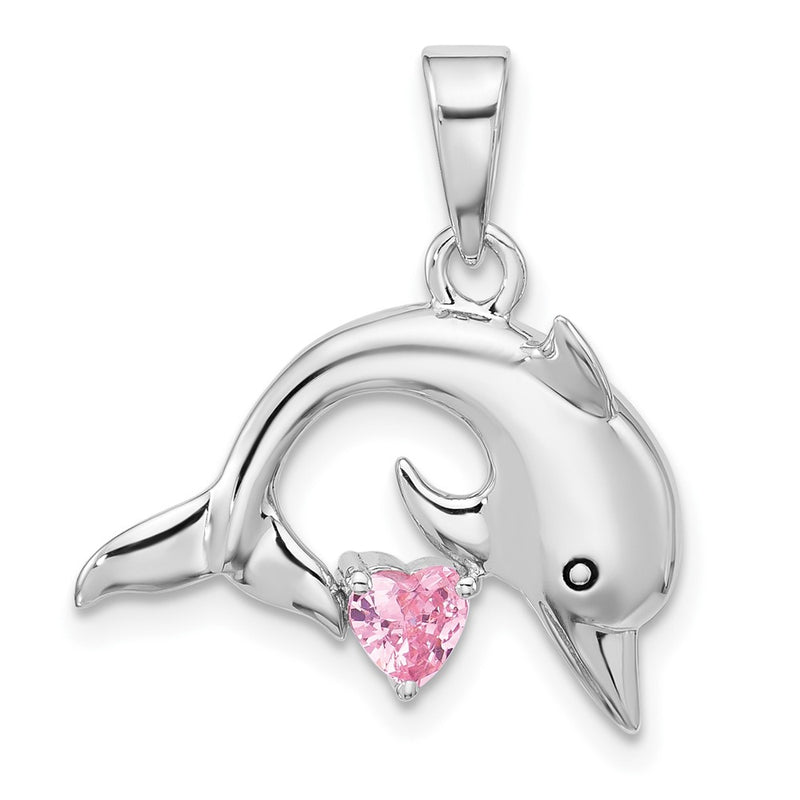 Sterling Silver Rhodium Plated Polished & Antiqued Pink CZ Dolphin Pendant