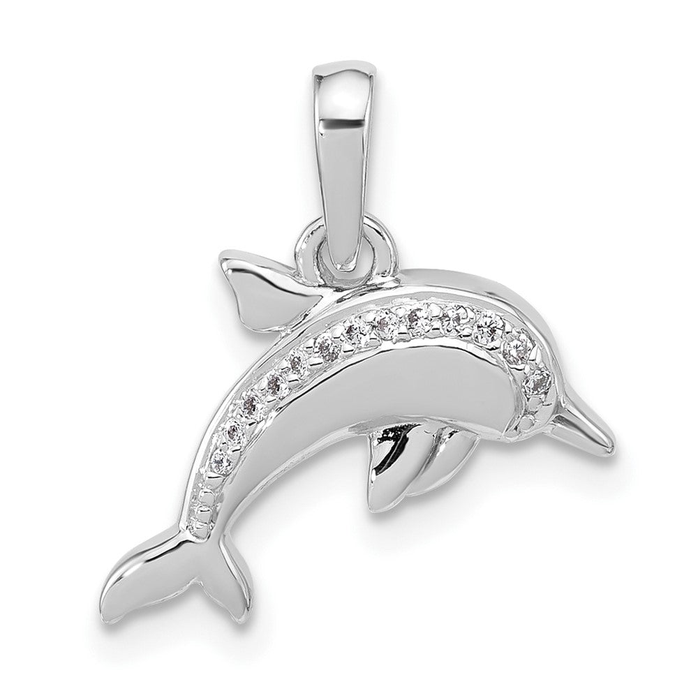 Sterling Silver Rhodium Plated Polished CZ Dolphin Pendant
