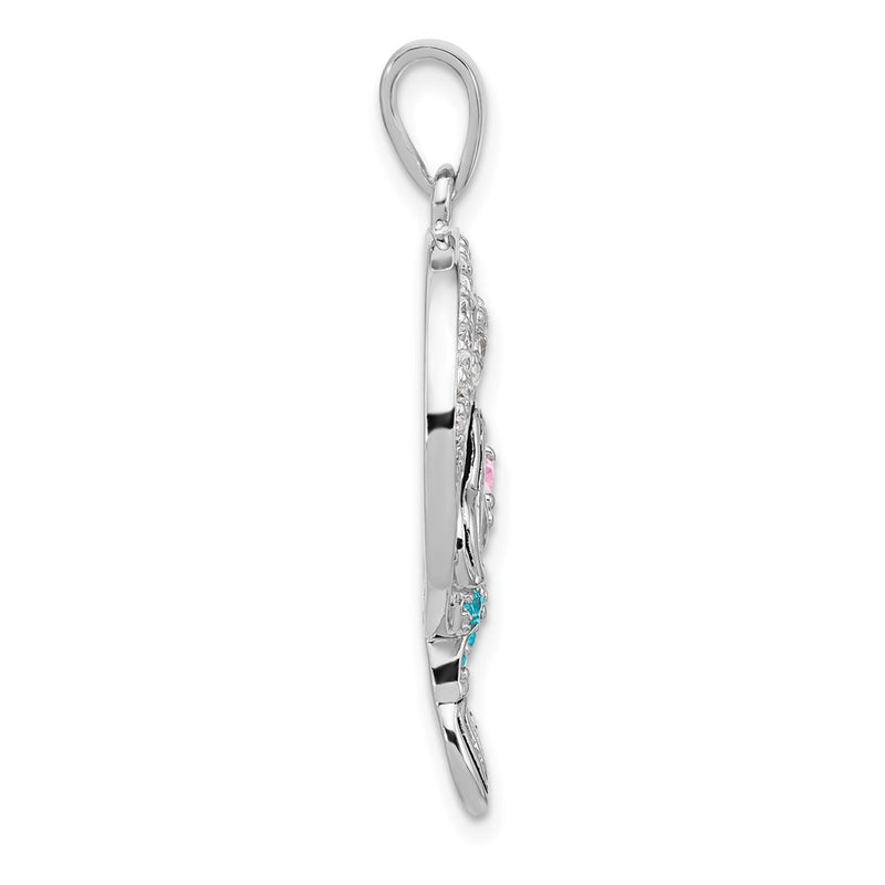Sterling Silver Rhodium Plated Polished & Antiqued CZ Mermaid Pendant