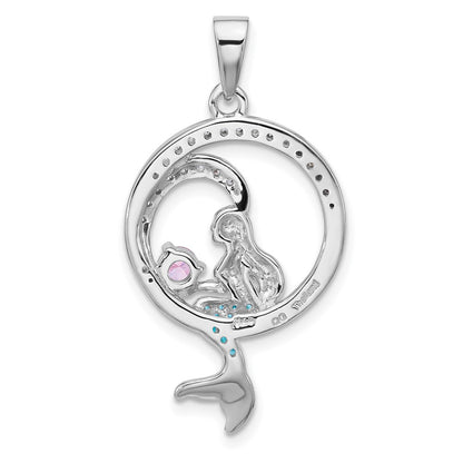 Sterling Silver Rhodium Plated Polished & Antiqued CZ Mermaid Pendant