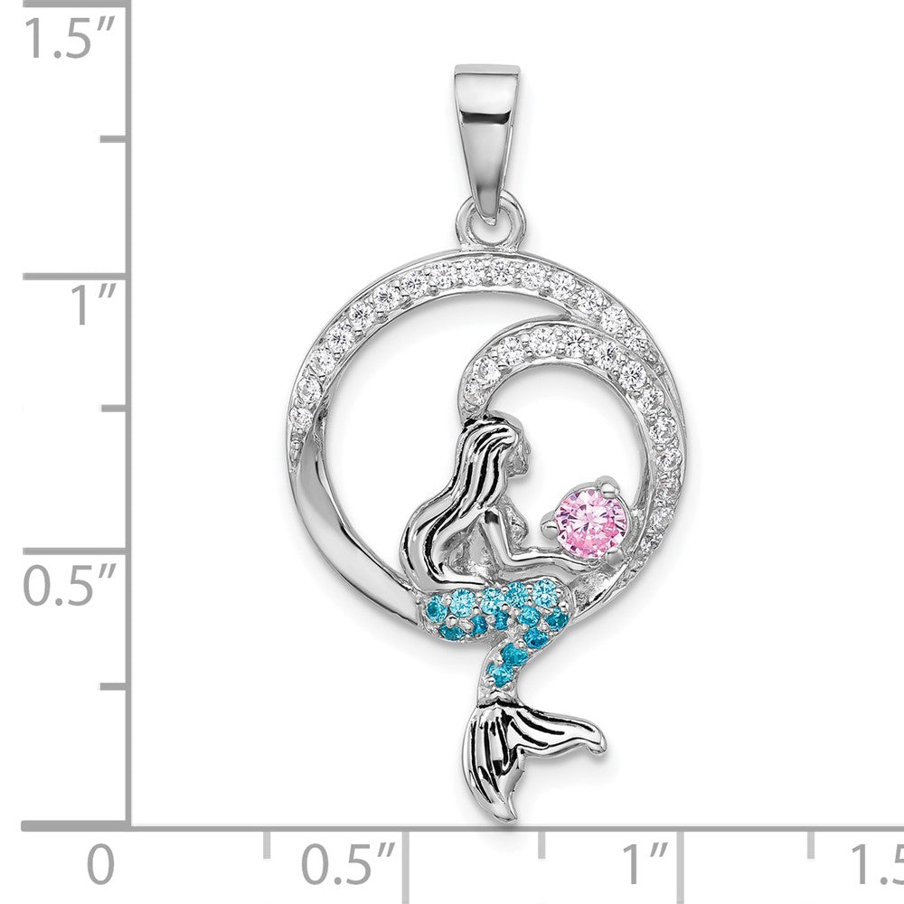 Sterling Silver Rhodium Plated Polished & Antiqued CZ Mermaid Pendant