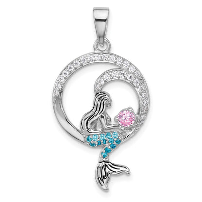 Sterling Silver Rhodium Plated Polished & Antiqued CZ Mermaid Pendant