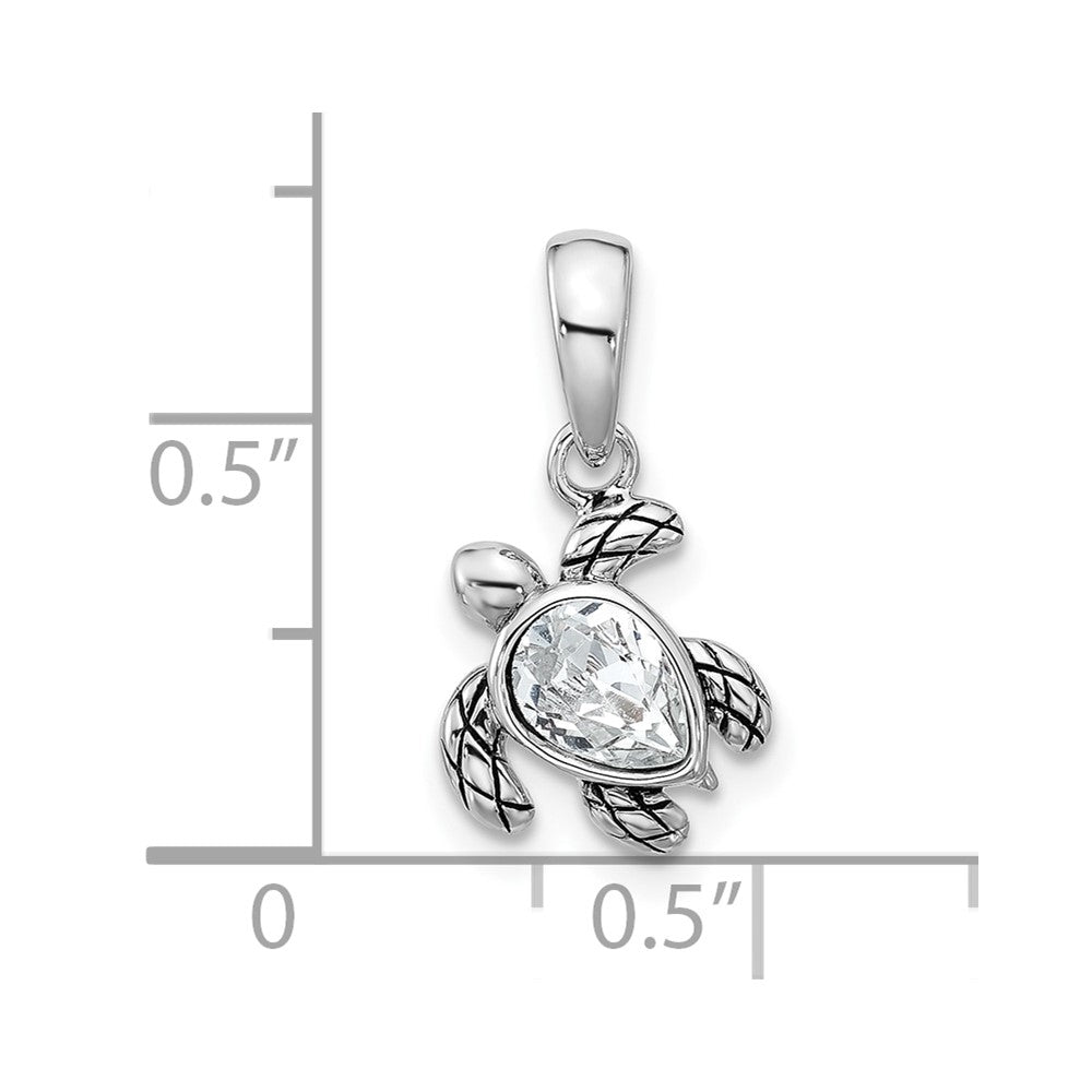 Sterling Silver Rhodium Plated Antiqued Crystal Apr Birthstone Turtle Pendant