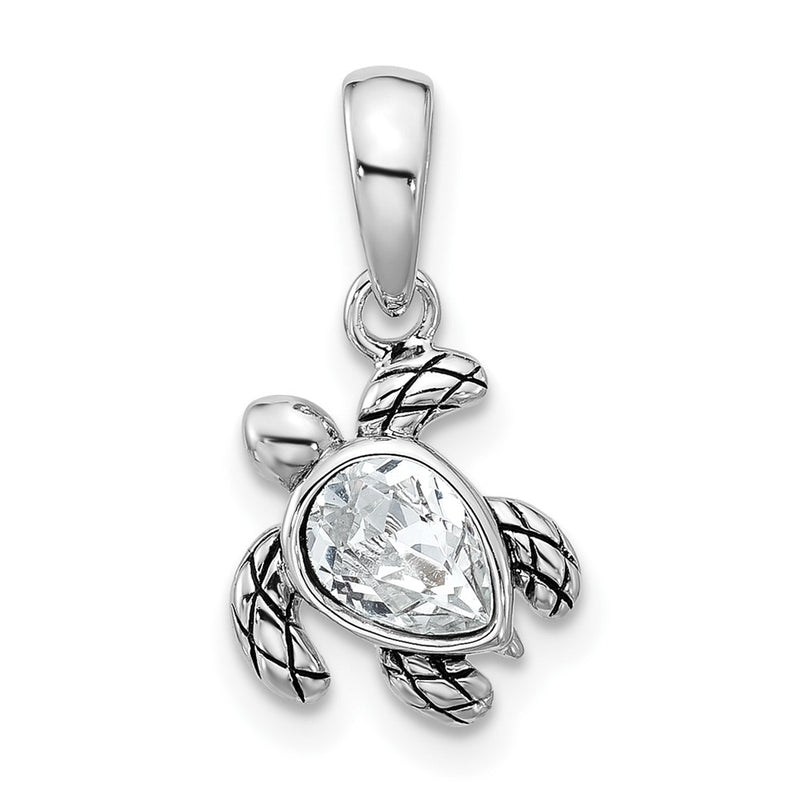 Sterling Silver Rhodium Plated Antiqued Crystal Apr Birthstone Turtle Pendant
