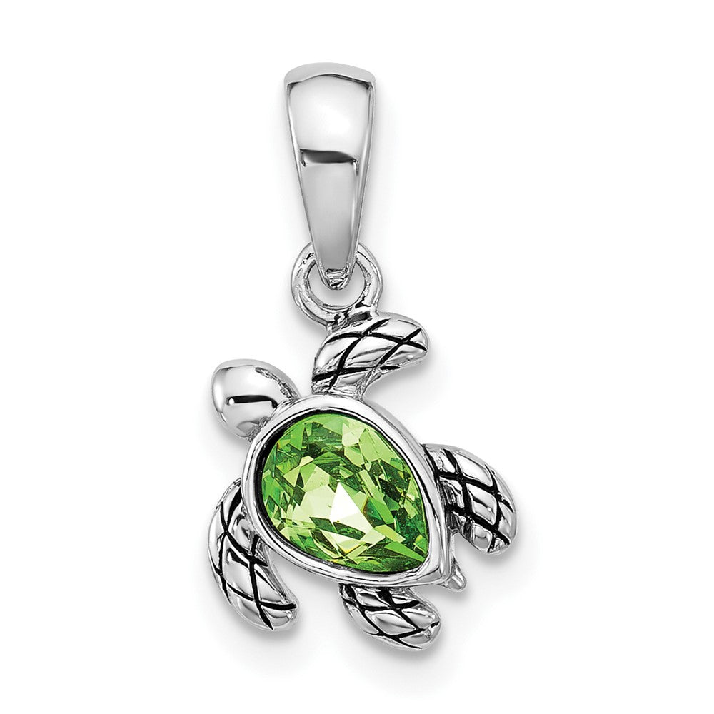 Sterling Silver Rhodium Plated Antiqued Crystal Aug Birthstone Turtle Pendant