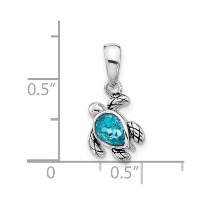 Sterling Silver Rhodium Plated Antiqued Crystal Dec Birthstone Turtle Pendant