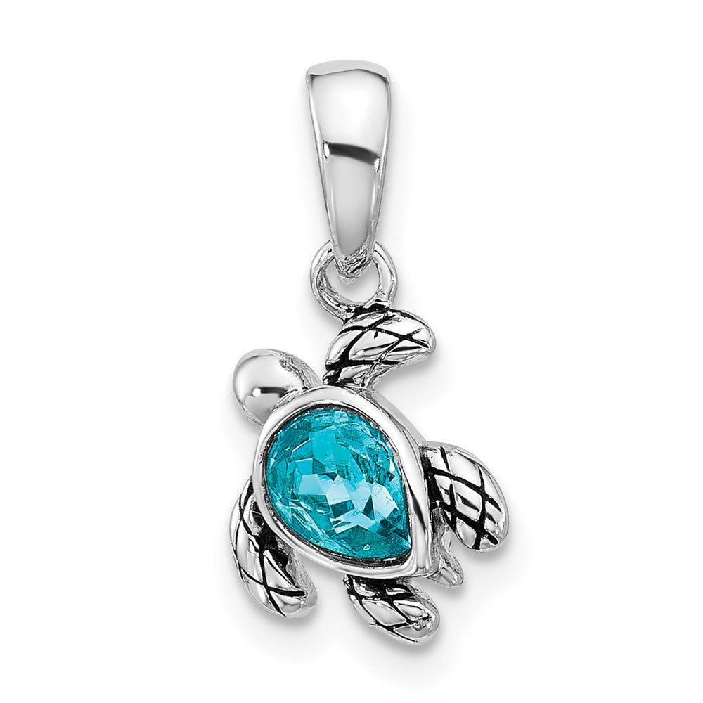 Sterling Silver Rhodium Plated Antiqued Crystal Dec Birthstone Turtle Pendant