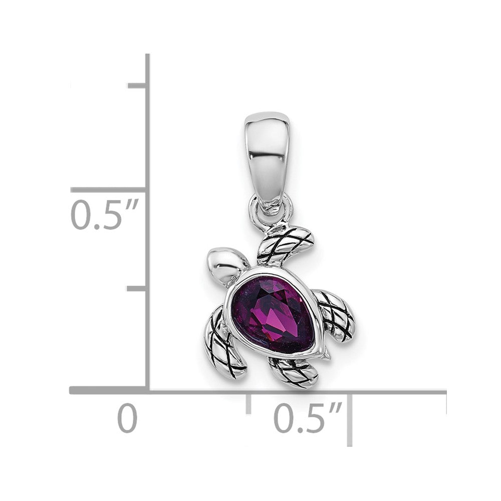 Sterling Silver Rhodium Plated Antiqued Crystal Feb Birthstone Turtle Pendant