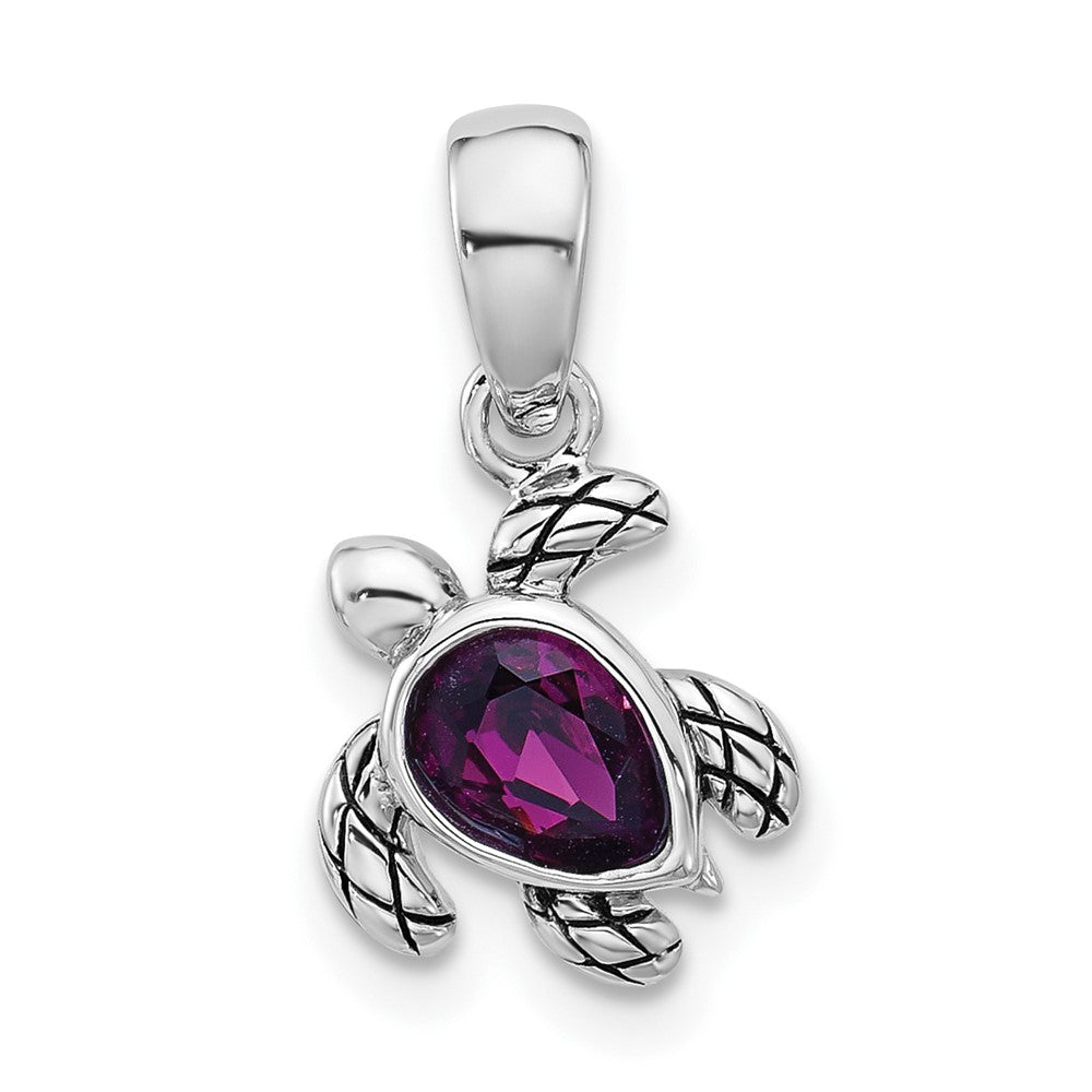 Sterling Silver Rhodium Plated Antiqued Crystal Feb Birthstone Turtle Pendant