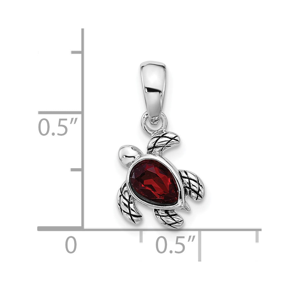 Sterling Silver Rhodium Plated Antiqued Crystal Jan Birthstone Turtle Pendant