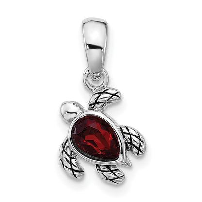 Sterling Silver Rhodium Plated Antiqued Crystal Jan Birthstone Turtle Pendant