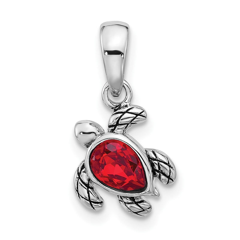 Sterling Silver Rhodium Plated Antiqued Crystal July Birthstone Turtle Pendant