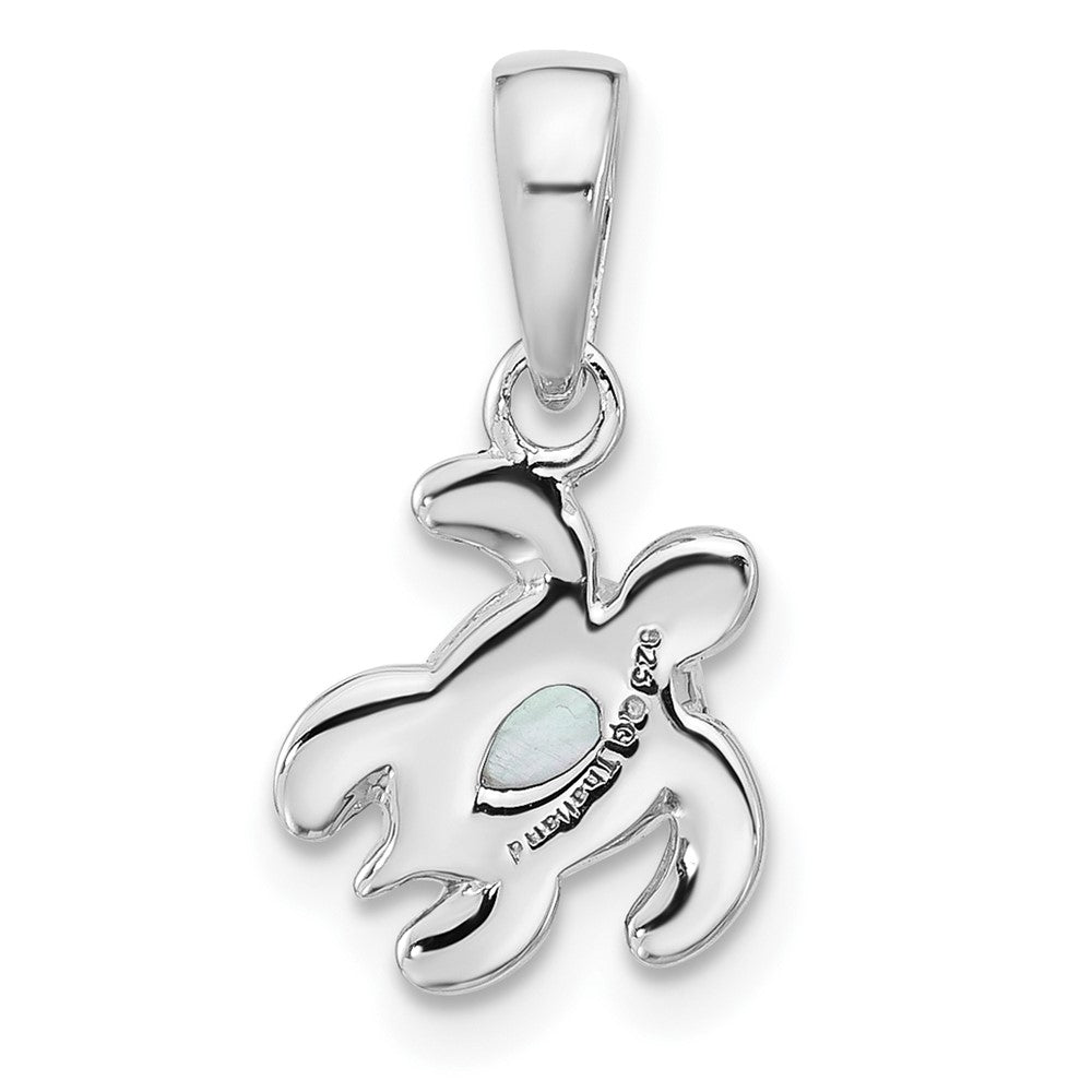 Sterling Silver Rhodium Plated Antiqued Mop June Birthstone Turtle Pendant