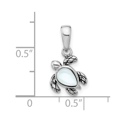 Sterling Silver Rhodium Plated Antiqued Mop June Birthstone Turtle Pendant