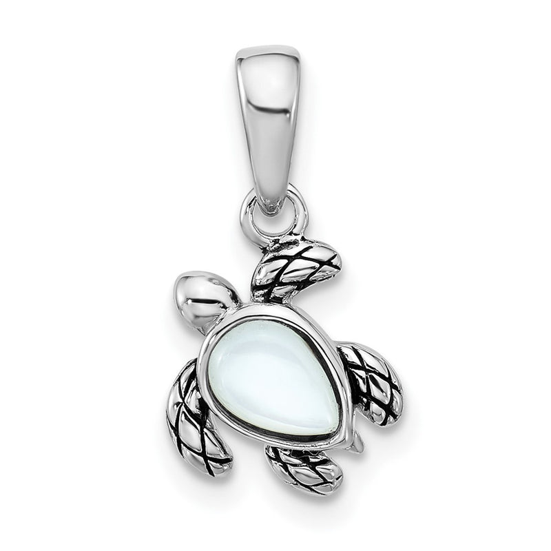 Sterling Silver Rhodium Plated Antiqued Mop June Birthstone Turtle Pendant