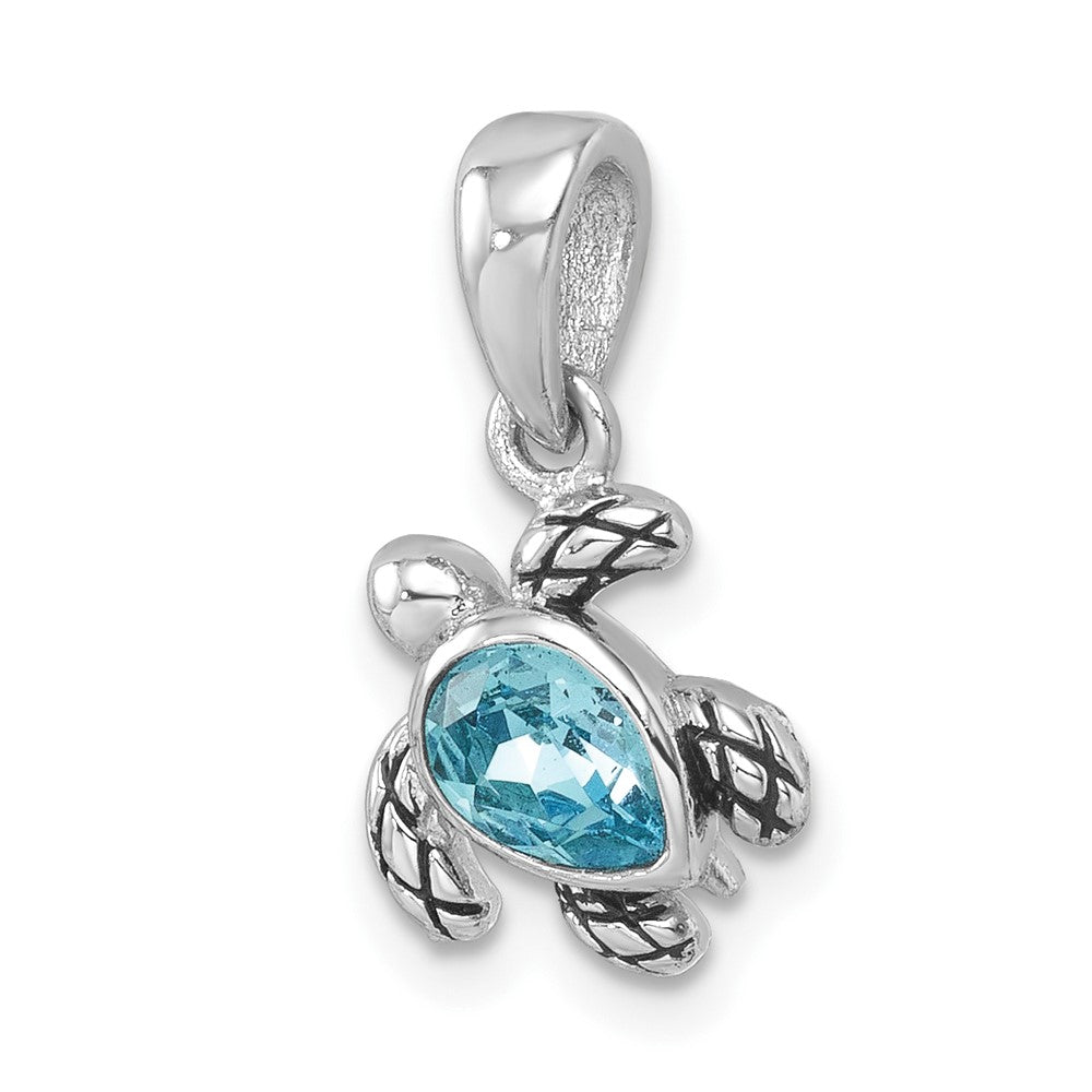 Sterling Silver Rhodium Plated Antiqued Crystal March Turtle Pendant