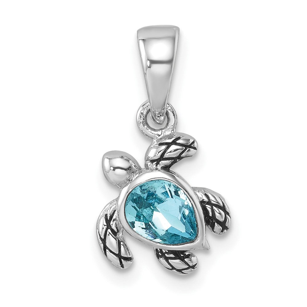 Sterling Silver Rhodium Plated Antiqued Crystal March Turtle Pendant