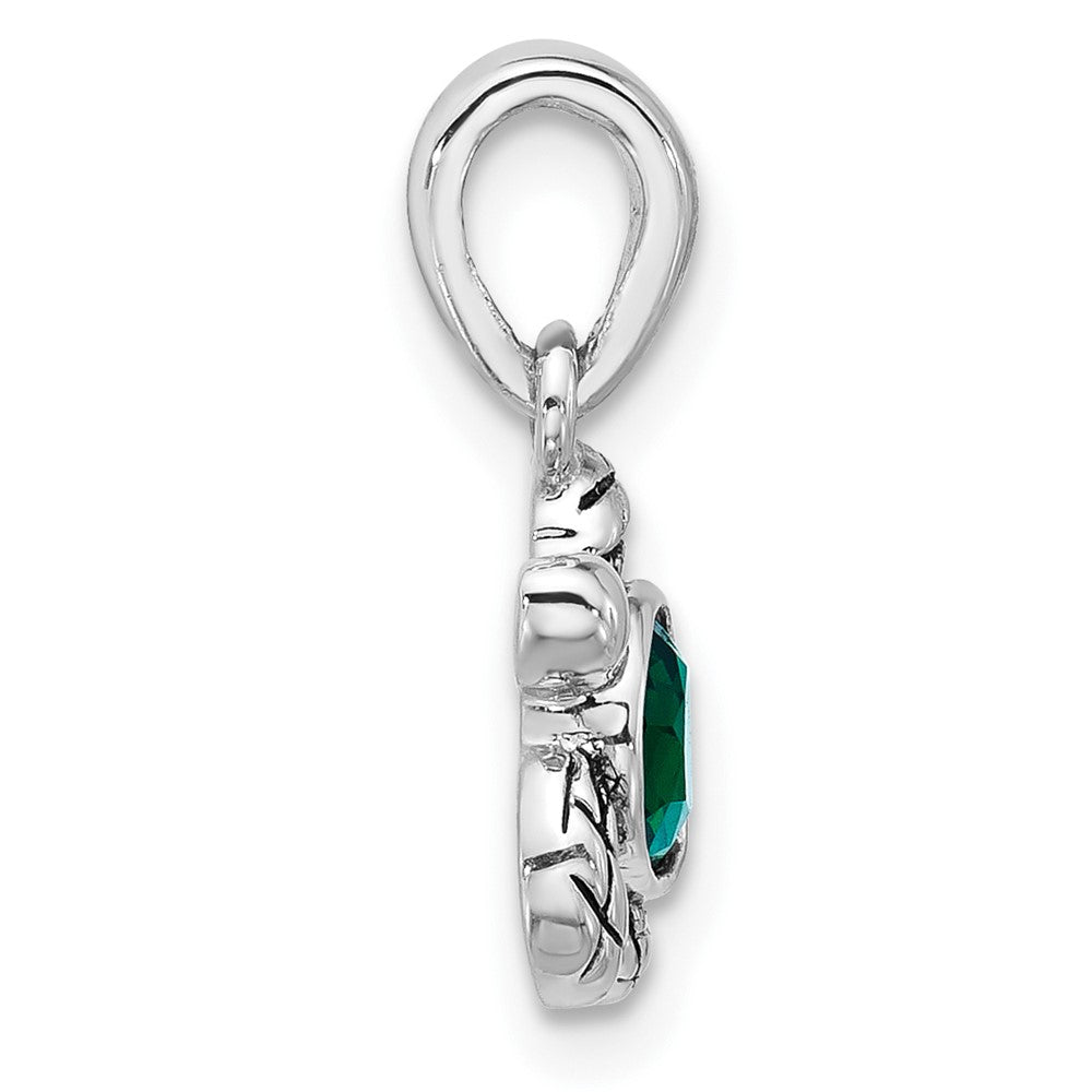 Sterling Silver Rhodium Plated Antiqued Crystal May Birthstone Turtle Pendant