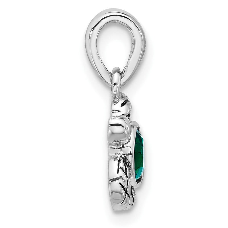 Sterling Silver Rhodium Plated Antiqued Crystal May Birthstone Turtle Pendant