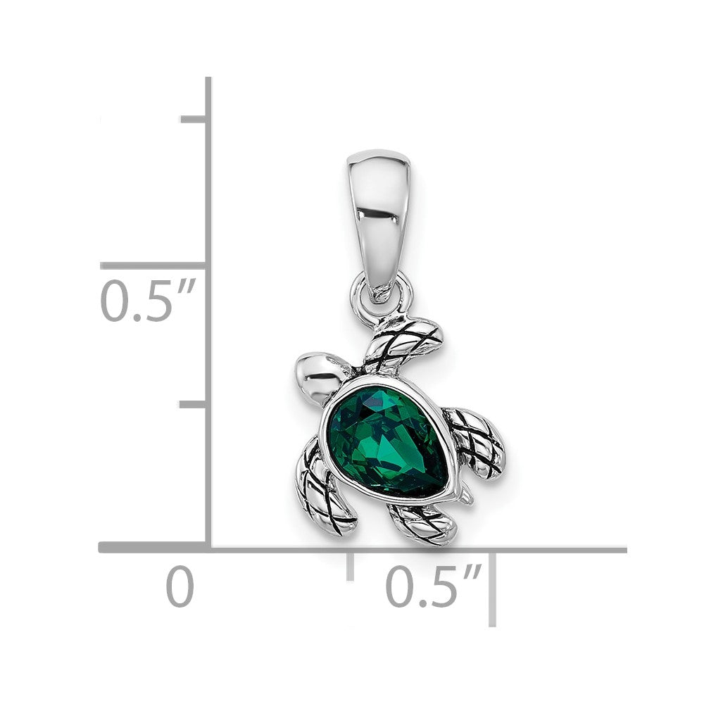 Sterling Silver Rhodium Plated Antiqued Crystal May Birthstone Turtle Pendant