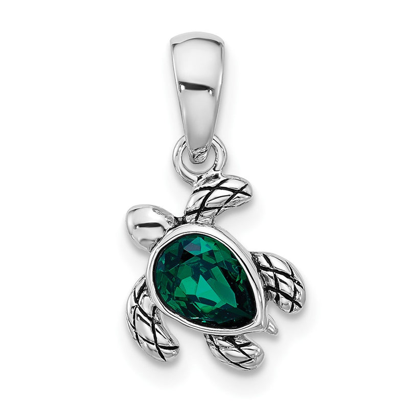 Sterling Silver Rhodium Plated Antiqued Crystal May Birthstone Turtle Pendant