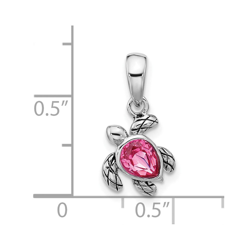 Sterling Silver Rhodium Plated Antiqued Crystal Oct Birthstone Turtle Pendant