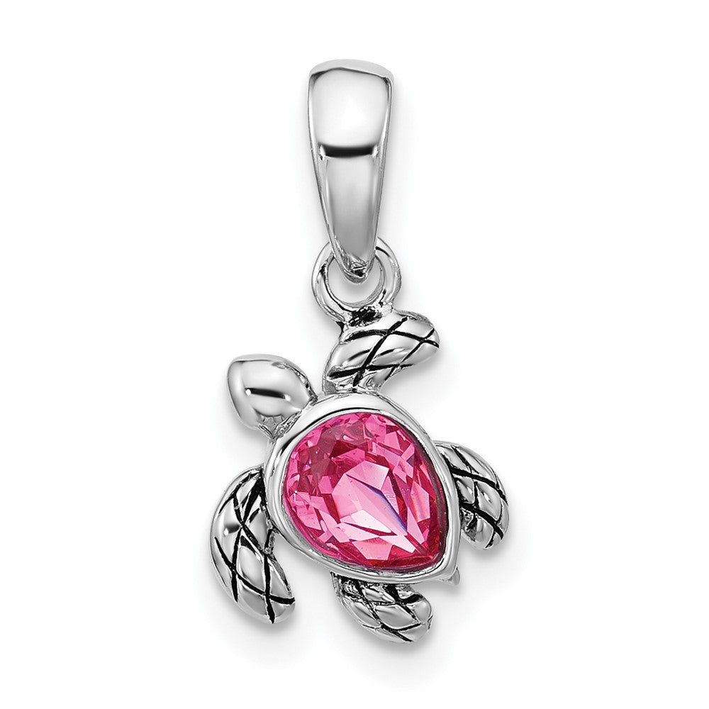 Sterling Silver Rhodium Plated Antiqued Crystal Oct Birthstone Turtle Pendant