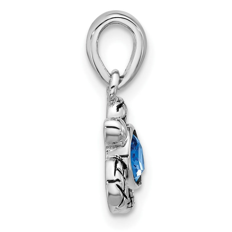Sterling Silver Rhodium Plated Antiqued Crystal Sep Birthstone Turtle Pendant